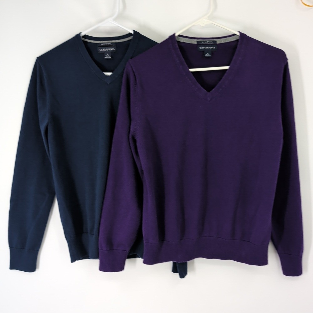 Lands End Navy Blue & Purple 100% Supima Cotton V-Neck Sweater Women Small 34-36